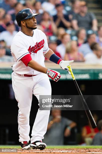 Edwin Encarnacion of the Cleveland Indians hits a solo home run during the second inning against the Toronto Blue Jays at Progressive Field on July...