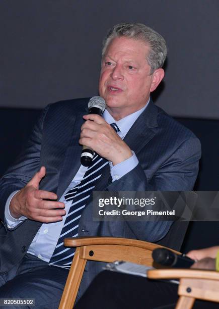 Former Vice President Al Gore speaks on stage for the Q&A at a special Toronto screening of 'An Inconvenient Sequel: Truth to Power' at Cineplex...