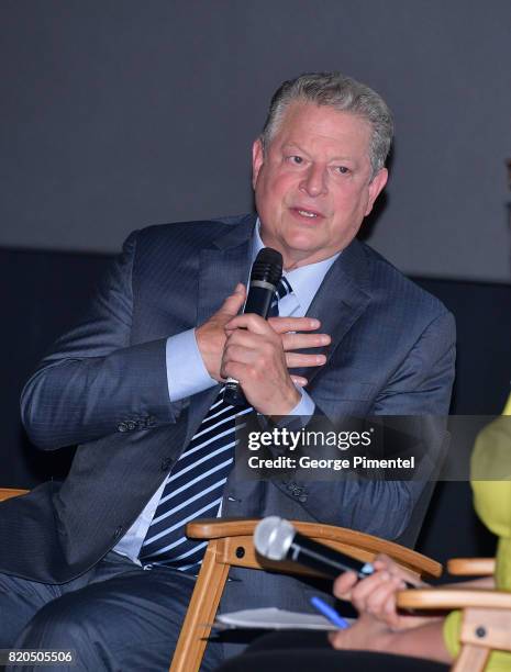 Former Vice President Al Gore speaks on stage for the Q&A at a special Toronto screening of 'An Inconvenient Sequel: Truth to Power' at Cineplex...