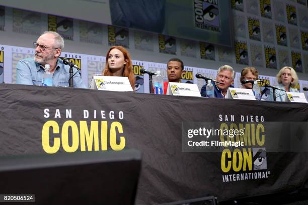 Actors Liam Cunningham, Sophie Turner, Jacob Anderson, Conleth Hill, Alfie Allen and Gwendoline Christie speak at the "Game of Thrones" panel with...