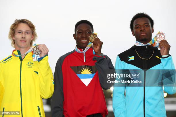 Silver medalist Benjamin Schmidtchen of Australia gold medalist Sheldon Noble of Antigua and Barbuda and bronze medalist Denvaughn Whymns of the...