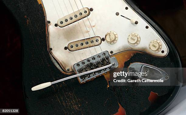 Jimi Hendrix's 1965 Fender Stratocaster is displayed at the Idea Generation Gallery on July 24, 2008 in London, England. The legendary guitar which...