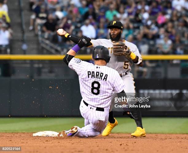 Colorado Rockies left fielder Gerardo Parra slides under the throw by Pittsburgh Pirates second baseman Josh Harrison as he is forced out at second...