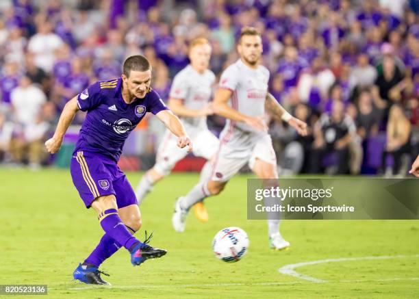 Orlando City SC forward Will Johnson shoots on goal during the MLS soccer match between the Orlando City SC and Atlanta United FC on July 21st, 2017...