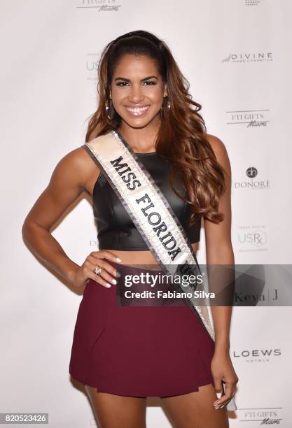 Linette De Los Santos Miss Florida attends the Keva J Swimwear S/S 2018 fashion show at Loews Miami Beach Hotel on July 21, 2017 in Miami Beach,...