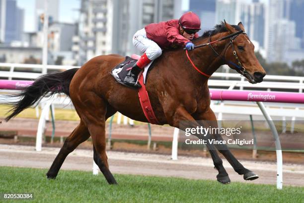 Craig Williams riding Portman wins Race 4 during Melbourne Racing at Flemington Racecourse on July 22, 2017 in Melbourne, Australia.