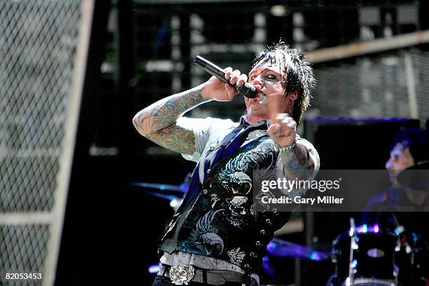 Singer Jacoby Shaddix of the rock band papa Roach performs during CrueFest at the Verizon Wireless Amphitheater on July 23, 2008 in San Antonio,...