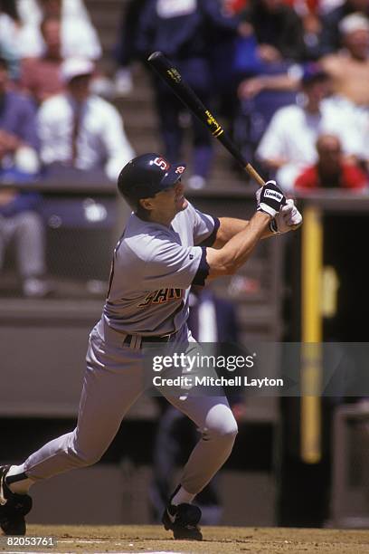 Tim Teufel of the San Diego Padres bats during a baseball game on May 19, 1993 at Jack Murphy Stadium in San Diego, California.