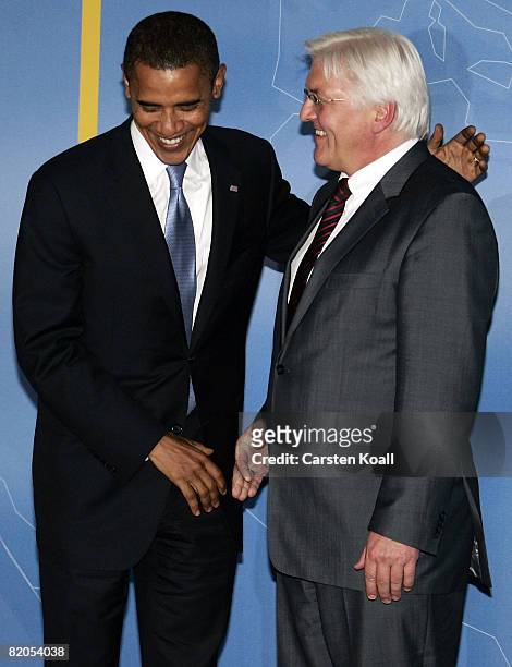 German Foreign Minister Frank-Walter Steinmeier speaks with U.S. Democratic presidential candidate Sen. Barack Obama after a talk on July 24, 2008 in...
