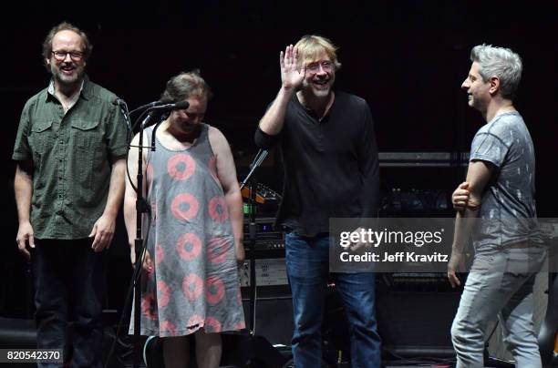 Page McConnell, Jon Fishman, Trey Anastasio and Mike Gordon of Phish perform at "The Baker's Dozen" Tour Kick-Off at Madison Square Garden on July...