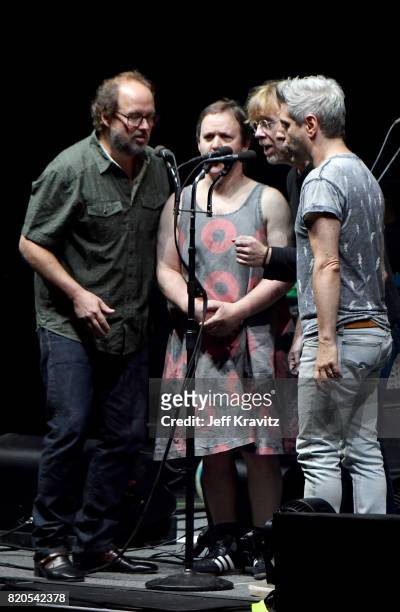 Page McConnell, Jon Fishman, Trey Anastasio and Mike Gordon of Phish perform at "The Baker's Dozen" Tour Kick-Off at Madison Square Garden on July...
