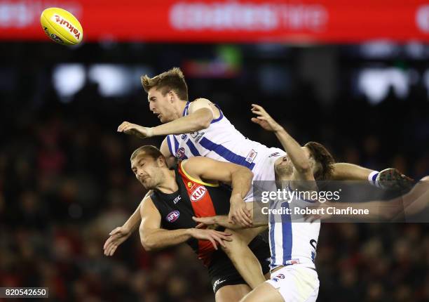 Sam Durdin of the Kangaroos leaps for the ball during the round 18 AFL match between the Essendon Bombers and the North Melbourne Kangaroos at Etihad...