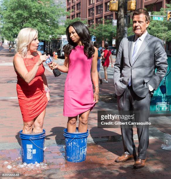 News Anchor Jennaphr Frederick and Co-hosts of Good Day Philadelphia Alex Holley and Mike Jerrick are seen during a segment of Fox 29's 'Good Day' at...