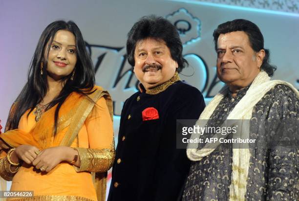 Indian singer Amruta Fadnavis , Ghazal singers Pankaj Udhas and Anup Jalota attend the Ghazal music festival "Khazana", raising funds for cancer...