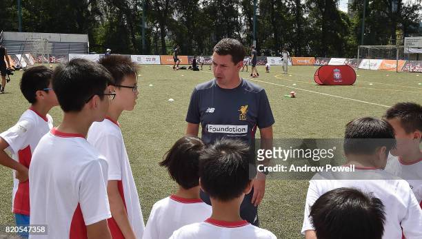 Liverpool Foundation coaches during a soccer school on July 22, 2017 in Hong Kong, Hong Kong.