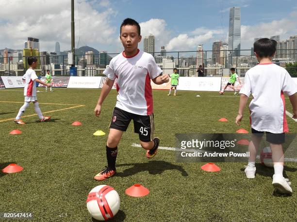 Children taking part in a soccer school on July 22, 2017 in Hong Kong, Hong Kong.