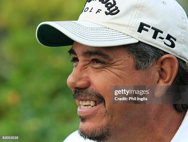 Eduardo Romero of Argentina smiles during interview during the first round of the Senior Open Championships at Royal Troon on July 24, 2008 in Troon,...