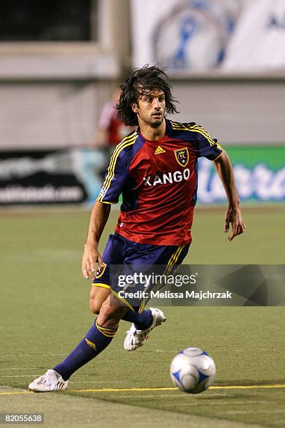 Matias Mantilla of Real Salt Lake kicks the ball against Deportivo Saprissa at Rice Eccles Stadium on July 23, 2008 in Salt Lake City, Utah.