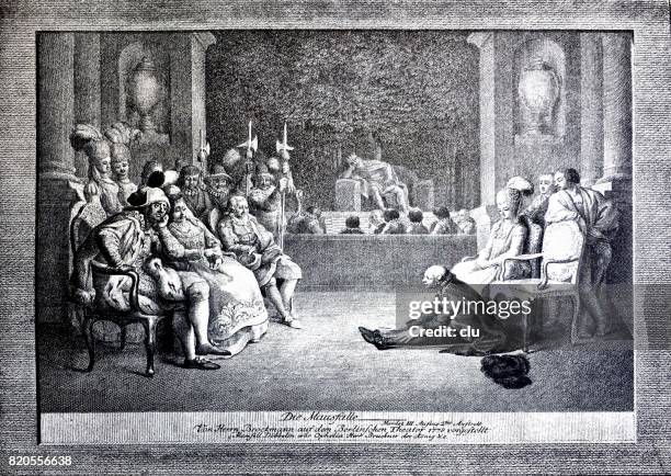 scene of hamlet: people in a circle talking ot each other, 1780 - hamlet shakespeare stock illustrations