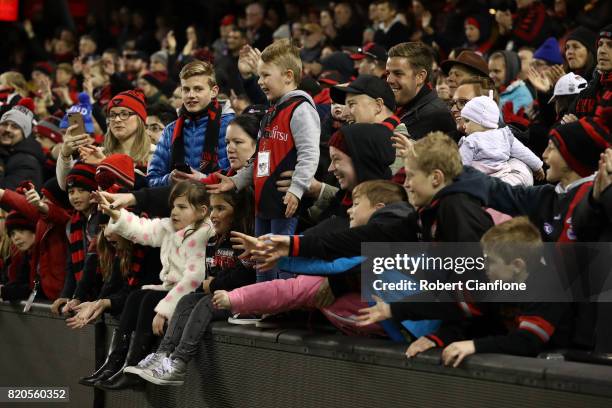 Fans celebrate after the Bombers defeated the Kangaroos during the round 18 AFL match between the Essendon Bombers and the North Melbourne Kangaroos...