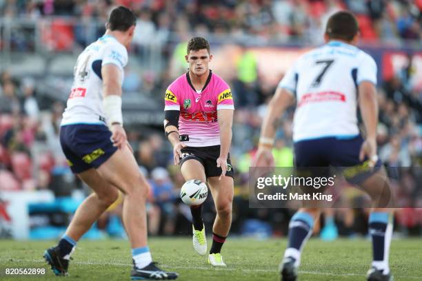 Nathan Cleary of the Panthers kicks during the round 20 NRL match between the Penrith Panthers and the Gold Coast Titans at Pepper Stadium on July...