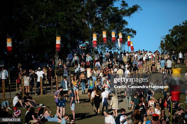 Large crowds of people move through the Amphitheatre during Splendour in the Grass 2017 on July 22, 2017 in Byron Bay, Australia.