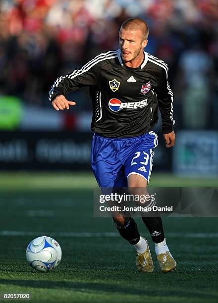 Midfielder David Beckham of L.A. Galaxy with the ball during the 2008 Pepsi MLS All Star Game between the MLS All Stars and West Ham United at BMO...