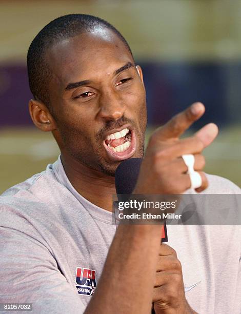 Kobe Bryant of the USA Basketball Men's Senior National Team jokes around as he is interviewed on the "Best Damn Sports Show Period" after a practice...