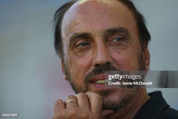 Guimareas manager Manuel Cajuda looks on during the Algarve Challenge Cup match against Middlesbrough at the Estadio Algarve on July 24, 2008 in...