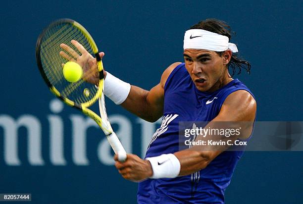 Rafael Nadal of Spain returns a shot to Igor Andreev of Russia during the Rogers Cup at the Rexall Centre at York University on July 24, 2008 in...