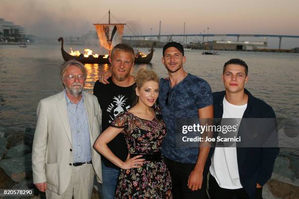 Michael Hirst, Alexander Ludwig, Katheryn Winnick, Gustaf Skarsgard, and Alex Hogh Andersen of HISTORY'S "Vikings" attend the Viking Funeral Ceremony...