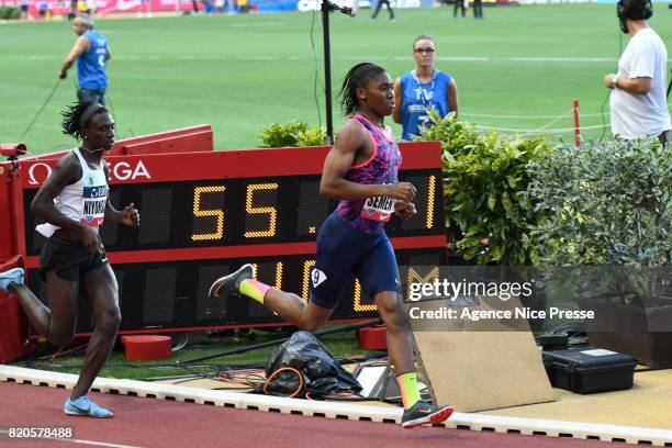 Francine Nyonsaba of Burundi and Casper Semenya of South Africa women's 800m during the IAAF Diamond League Meeting Herculis on July 21, 2017 in...