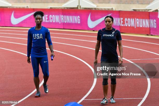 Tianna Bartoletta of USA and Orlann Ombissa of France , 4x100 relay women during the IAAF Diamond League Meeting Herculis on July 21, 2017 in Monaco,...