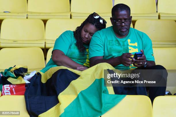 Jamaican fans of Usain Bolt during the IAAF Diamond League Meeting Herculis on July 21, 2017 in Monaco, Monaco.