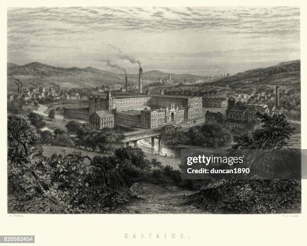 saltaire, west yorkshire and salts mill, 19th century - saltaire stock illustrations