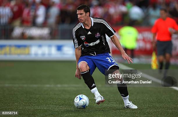 Forward Kenny Cooper of FC Dallas with the ball during the 2008 Pepsi MLS All Star Game between the MLS All Stars and West Ham United at BMO Field on...