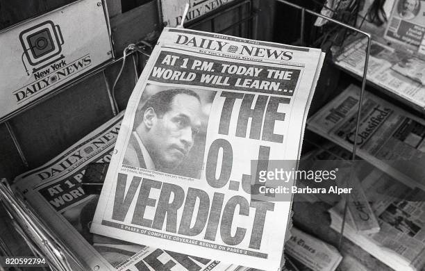 The cover of the New York Daily News, 3rd October 1995, the day of the verdict in O J Simpson's trial for the murders of Nicole Brown Simpson and Ron...
