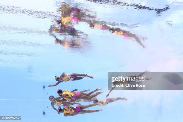 Japan compete during the Synchronised Swimming Team Free final on day eight of the Budapest 2017 FINA World Championships on July 21, 2017 in...