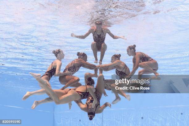 Spain compete during the Synchronised Swimming Team Free final on day eight of the Budapest 2017 FINA World Championships on July 21, 2017 in...