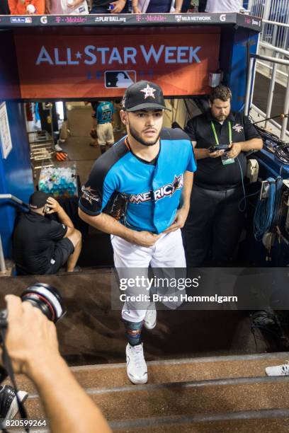 American League All-Star Lance McCullers Jr. #43 of the Houston Astros during Gatorade All-Star Workout Day ahead of the 88th MLB All-Star Game at...