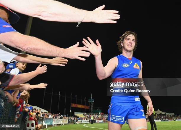 Liam Picken of the Bulldogs high fives fans after winning the round 18 AFL match between the Western Bulldogs and the Gold Coast Suns at Cazaly's...