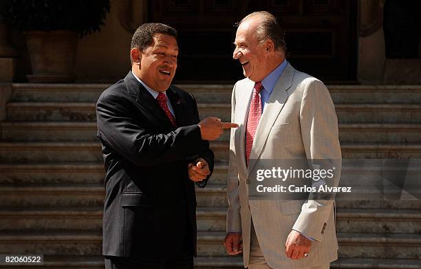 King Juan Carlos of Spain receives Venezuelan President Hugo Chavez on July 25, 2008 at the Marivent Palace in Palma de Mallorca, Spain.