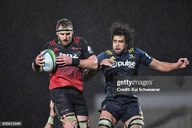 Kieran Read of the Crusaders and Jackson Hemopo of the Highlanders compete for a lineout during the Super Rugby Quarter Final match between the...