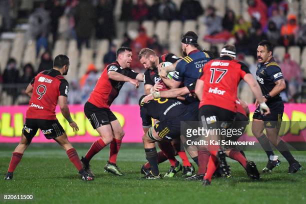 Luke Romano of the Crusaders charges forward during the Super Rugby Quarter Final match between the Crusaders and the Highlanders at AMI Stadium on...