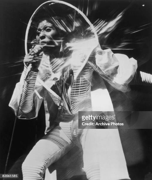 American singer and musician Nona Hendryx performs with the R&B trio Labelle, circa 1975. She began her career as a member of Patti LaBelle and the...