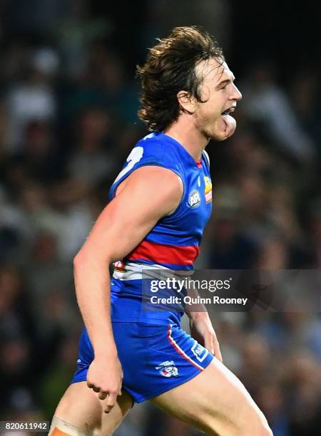 Liam Picken of the Bulldogs celebrates kicking a goal during the round 18 AFL match between the Western Bulldogs and the Gold Coast Suns at Cazaly's...