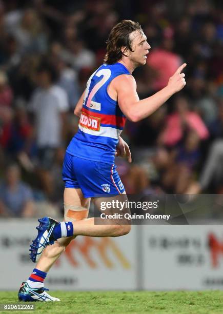 Liam Picken of the Bulldogs celebrates kicking a goal during the round 18 AFL match between the Western Bulldogs and the Gold Coast Suns at Cazaly's...