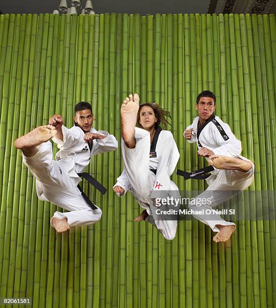 Summer Games Preview: Team USA taekwondo Mark Lopez, Diana Lopez and Steven Lopez are photographed for Sports Illustrated on April 20, 2008 in...