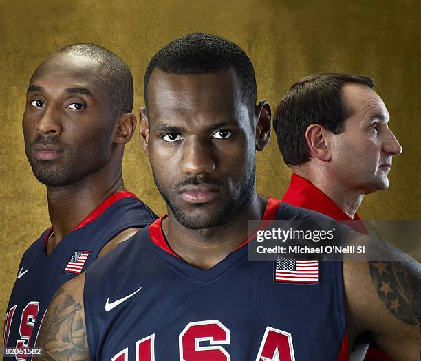 Summer Games Preview: Team USA basketball Kobe Bryant, LeBron James and coach Mike Krzyzewski are photographed for Sports Illustrated on April 20,...