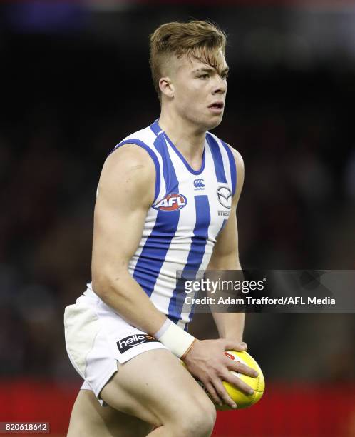 Cameron Zurhaar of the Kangaroos in action during the 2017 AFL round 18 match between the Essendon Bombers and the North Melbourne Kangaroos at...